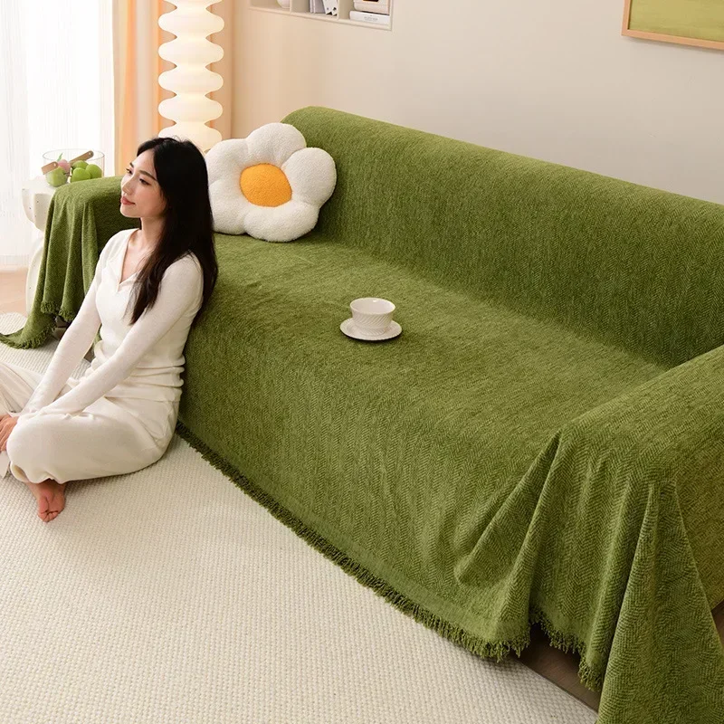 High Quality Waterproof Chenille Sofa Cover Cloth Green Striped Sofa Cushion Four Season Universal 3 Seat All Inclusive Blanket