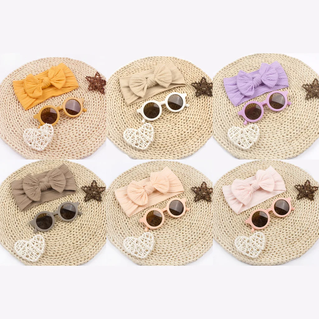 Solid Color Bow Baby Stretch Headband And Kids Sunglasses Set Fashion Photo Prop For Baby Girls Casual Outdoor Travel Dress Up