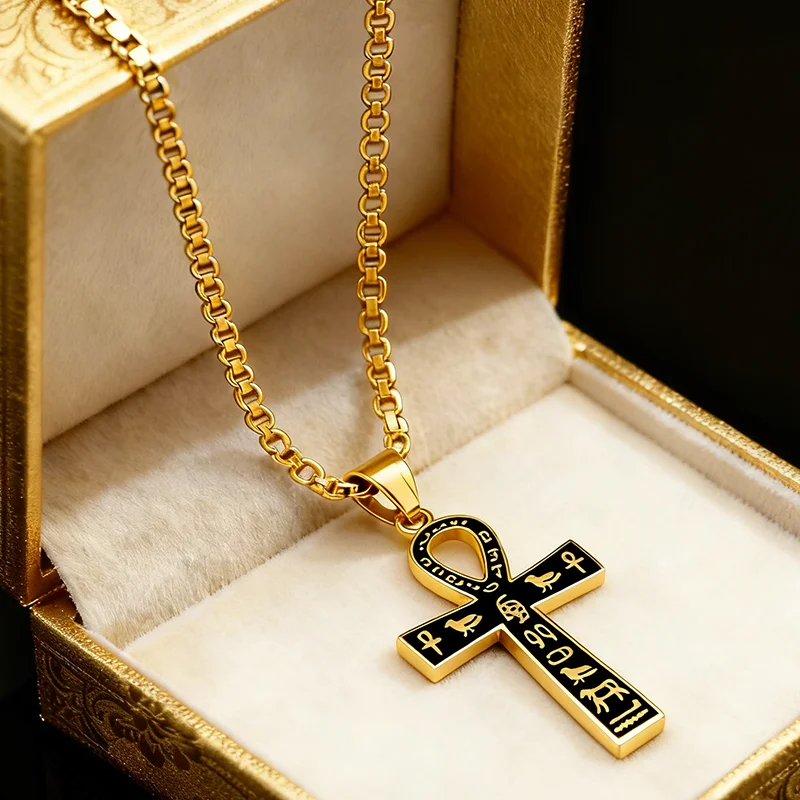 المصرية عنخ الصليب قلادة قلادة الفولاذ المقاوم للصدأ سلسلة مصر القديمة الهيروغليفية الهيب هوب مجوهرات للرجال النساء هدية #1