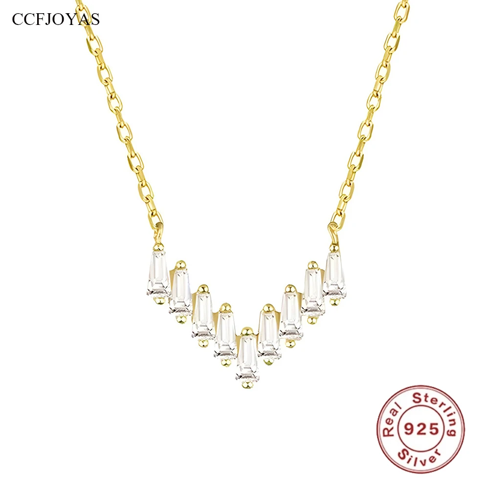 CCFJOYAS 925 Sterling Silver Shiny mini skirt Pendant Necklace for Women V-shaped Trapezoidal Zircon Exquisite Chain Necklace