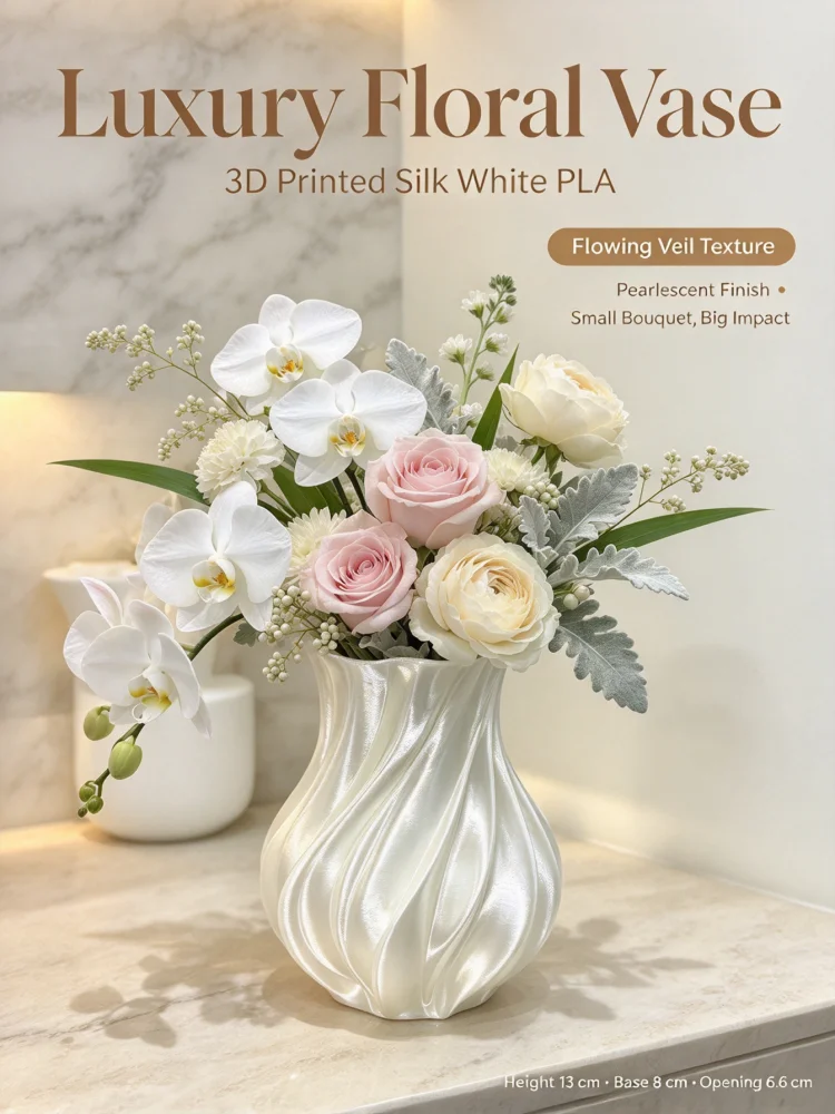 Atmospheric Pearlescent Flowing Texture Silk-White Vase, 3D Printed Swirl-Shaped Floral Vessel, Silk-Like Luster Adds a Luxurious Layer to Floral Arrangements, Gentle Milky White Base Color Gently Enhances the Color of the Bouquet, Suitable for Small Flowers Such as Roses, Peonies, and Phalaenopsis, Effortlessly Creates a Healing Tabletop Floral Arrangement, Suitable for Dining Table Side Tables and Bathroom Countertops, Not Only a Floral Container but Also a Warm Tabletop Decoration, Adding Elegance and a Sense of Fluidity to the Home Space