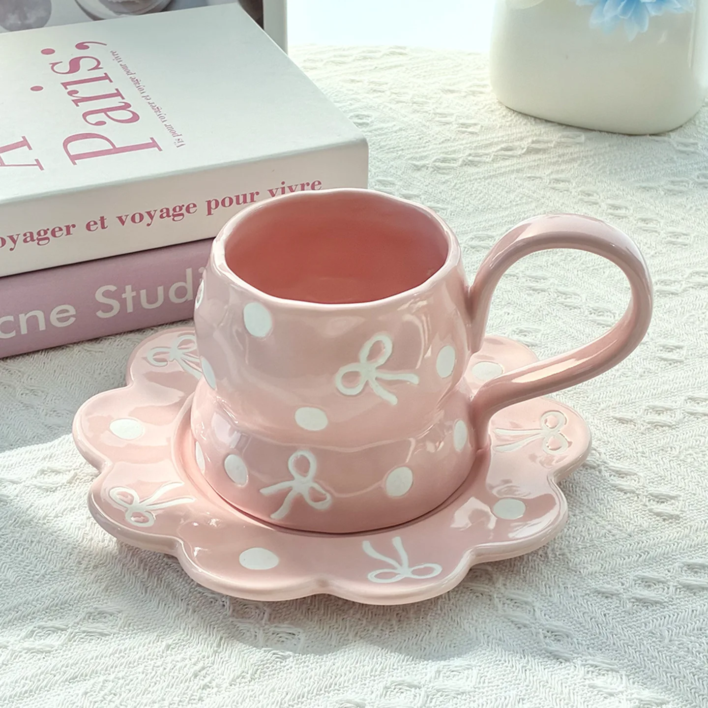 350ml Ceramic Coffee Cups and Saucer Set Bow Patterns Hand Drawn Pink Girl's Large Capacity Cup Flowers Shaped Plate Sets