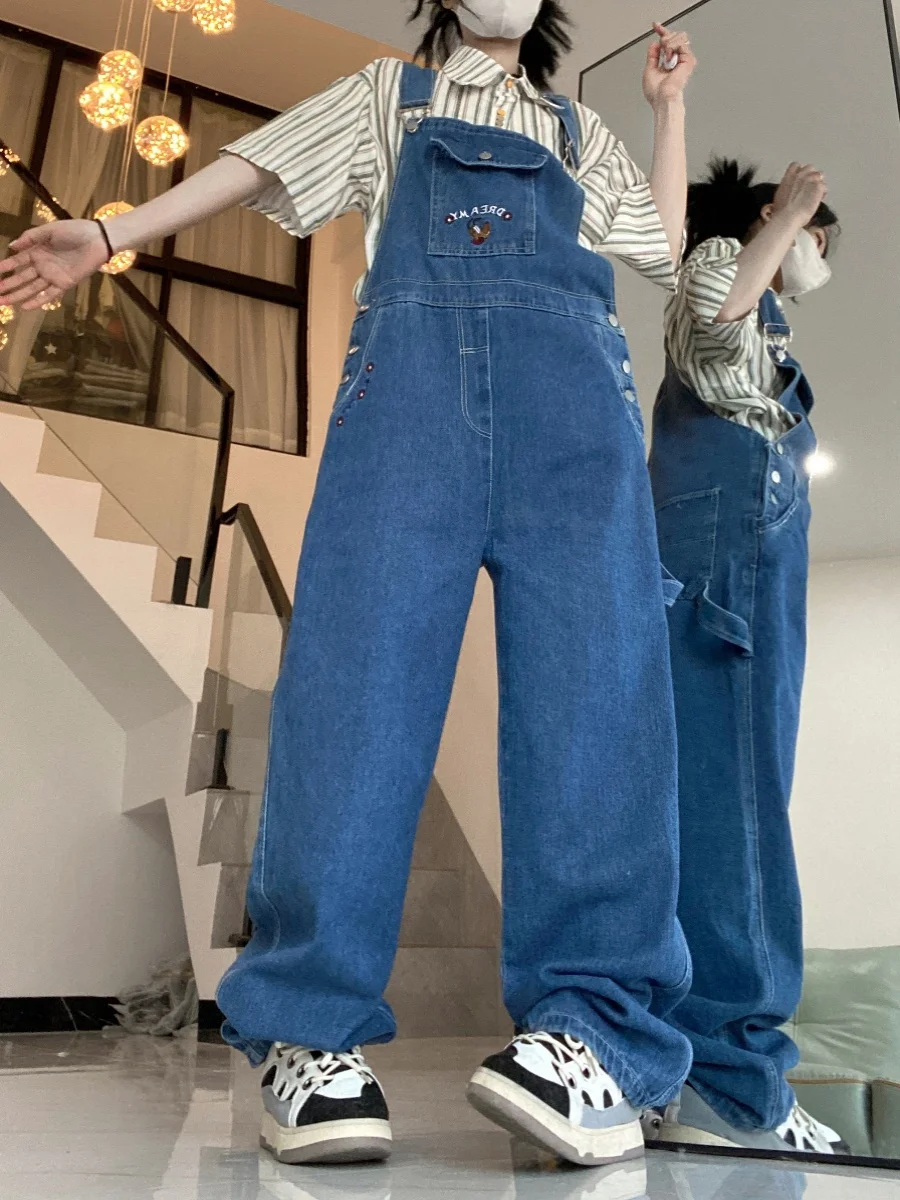 

Retro American INS Student Cute Japanese Cartoon Anti-Aging Jeans Overalls Loose Wide Leg Women's One-Piece Long Pants