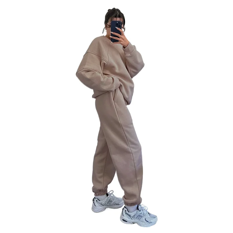 Autumn and Winter New Women's Solid Color Round Neck Long Sleeve Hoodie Fashion Casual Loose Pants Suit Sports Two-piece Set