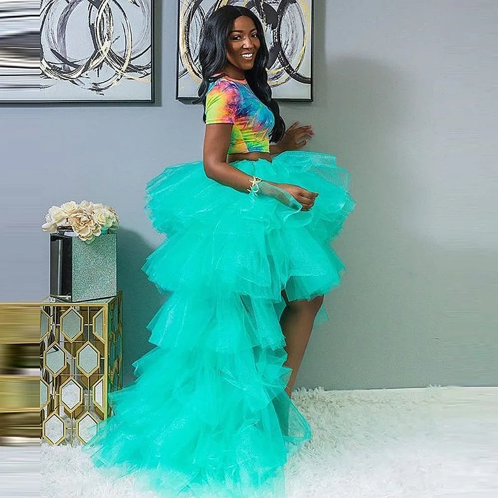 

Green High Low Tutu Skirt Tiered Puffy Elastic Waist Blak Girls Dance Cake Skirt