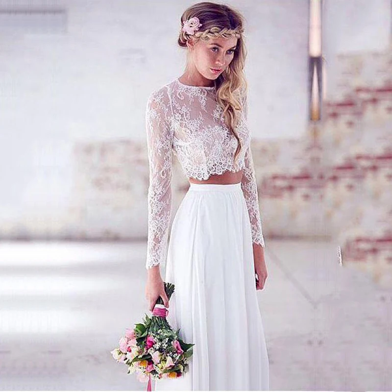 Round Neck Long Sleeve Bohemian Simple Wedding Dress Floor-Length Dress for  Bridal Bridesmaid Party Banquet Vacation Prom