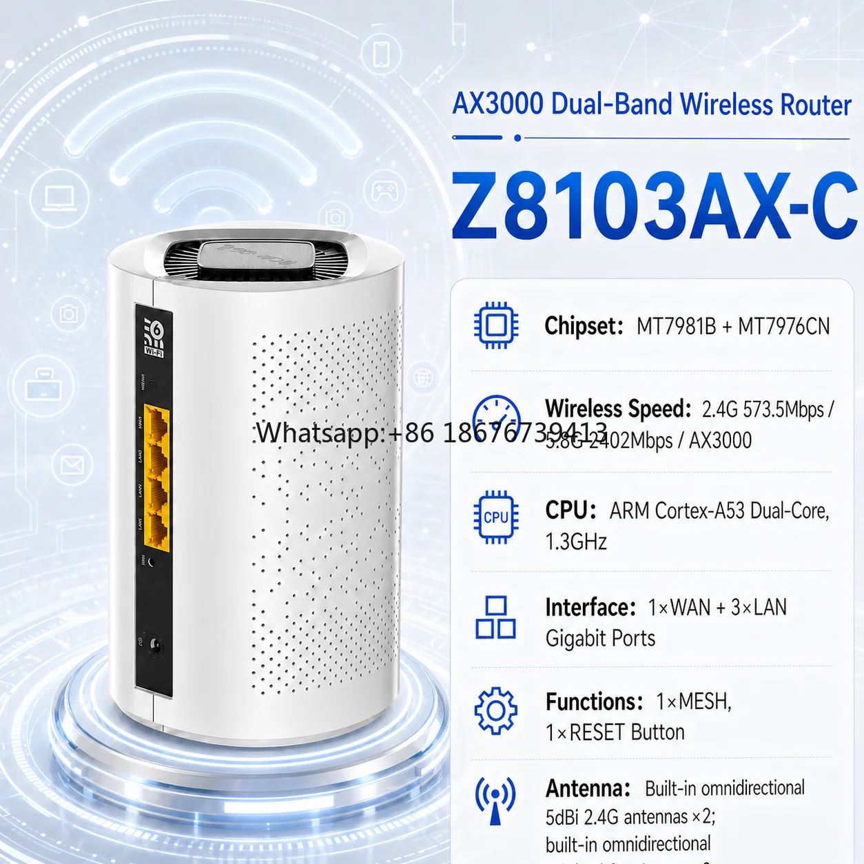 AX3000 Gigabit Openwrt Dual Band WiFi 6 MT7981 1.3GHz CPU Mesh WiFi Router with 3 LAN Ports for Home Use