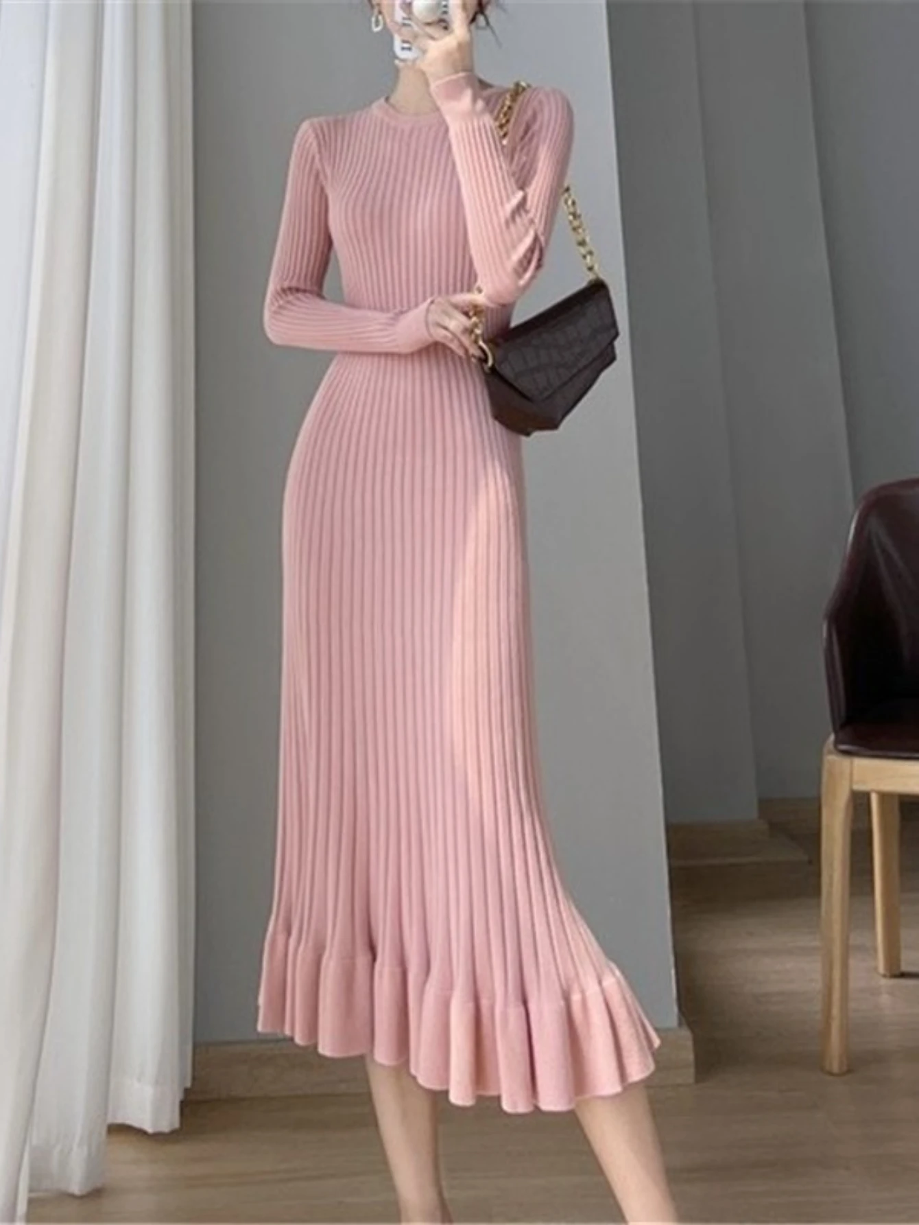 Tricô vestidos longos feminino camada base vestido gola redonda ruched malha maxi vestido 2025 outono inverno senhora do escritório vestidos