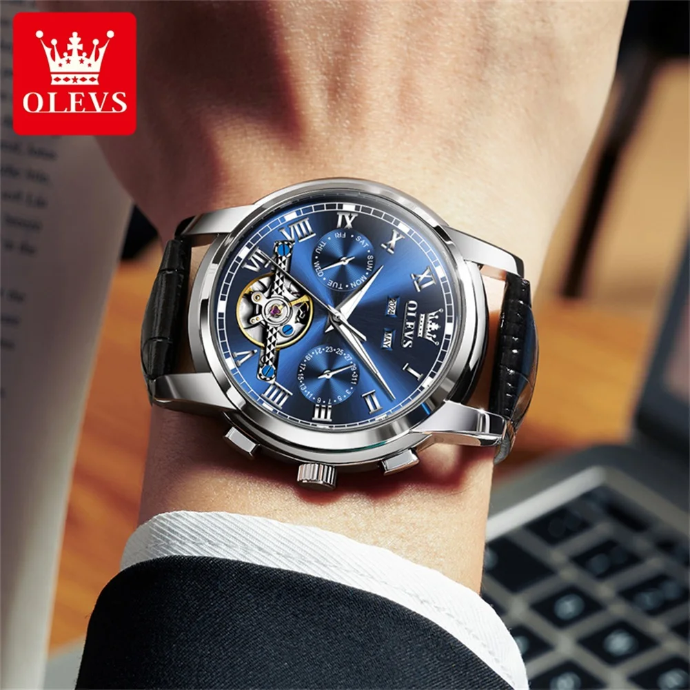 OLEVS 6607 Men\'s Watches Original Top Brand Classic Date Display Leather Strap Casual High Quality Stainless steel Wristwatches