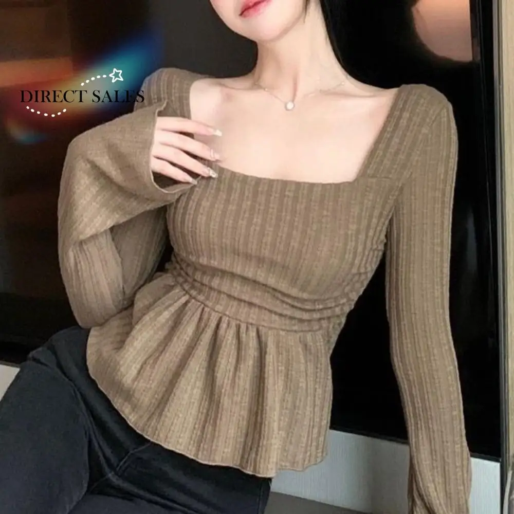 

Pleat Hem Sweet Slim Tops Square Neck Thin Long Sleeve T-shirt Bottoming Shirt Solid Color Long Knitted Top Women