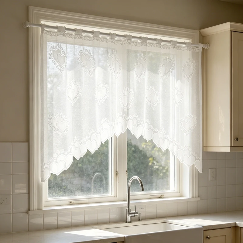 1pc French-Style Romantic Heart Patterned Jacquard Lace Coffee Curtain Perforated Wave-Shaped Bottom Hem Small Window Curtain