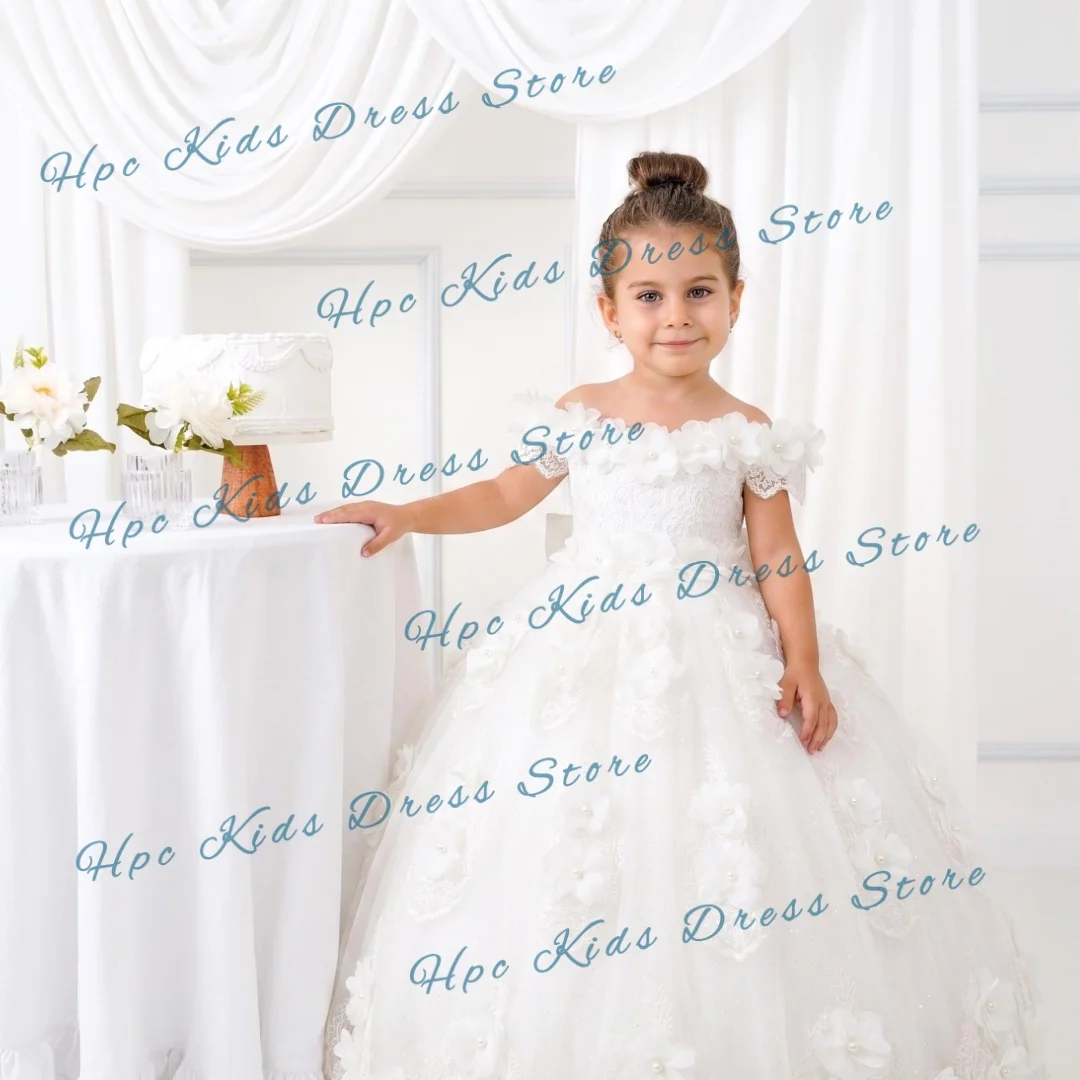 Custom White Lace & Tulle Flower Girl Dress, Off-Shoulder with 3D Wedding Floral Appliques for  Birthday Party Kids Formal Wear