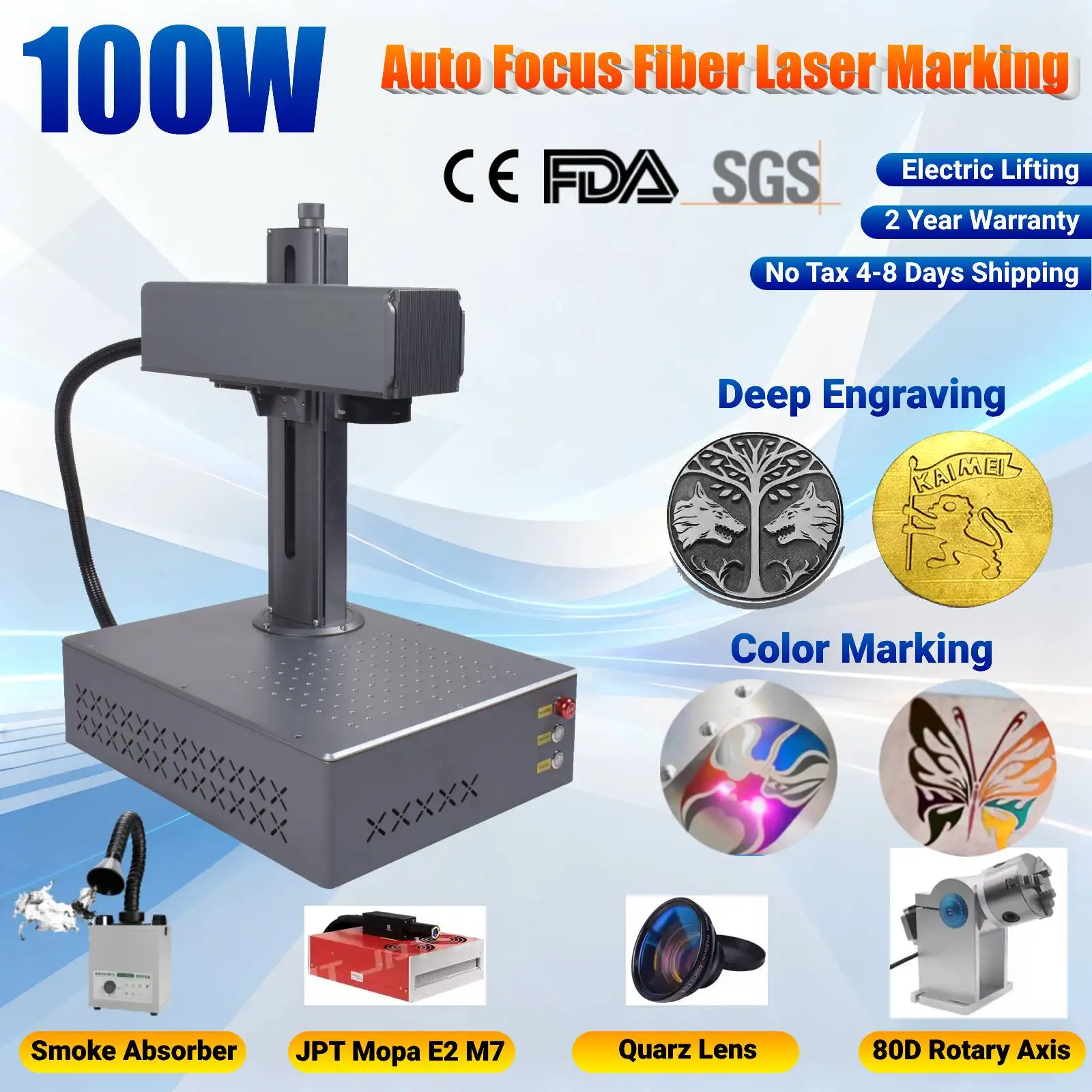 100w jpt mopa foco automático máquina de marcação a laser de fibra integrada gravador a laser de fibra de gravação profunda para suporte de metal lightburn