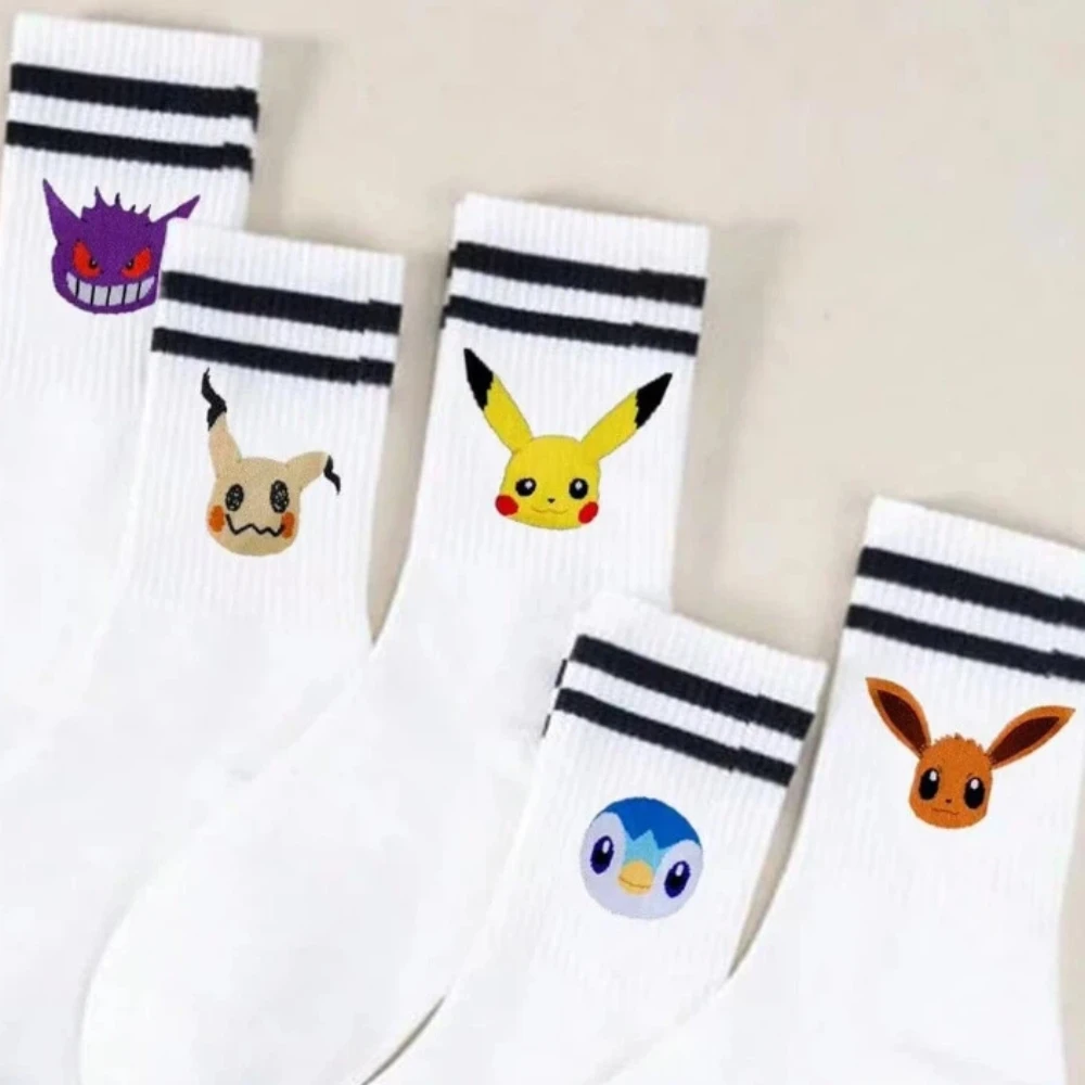 5 Paar neue weiße, doppelt gestreifte Socken mit niedlichem Taschenmonster-Charakter-Aufdruck, atmungsaktive Baumwolle, lässige Damen-Rundhalssocken – Detail 4