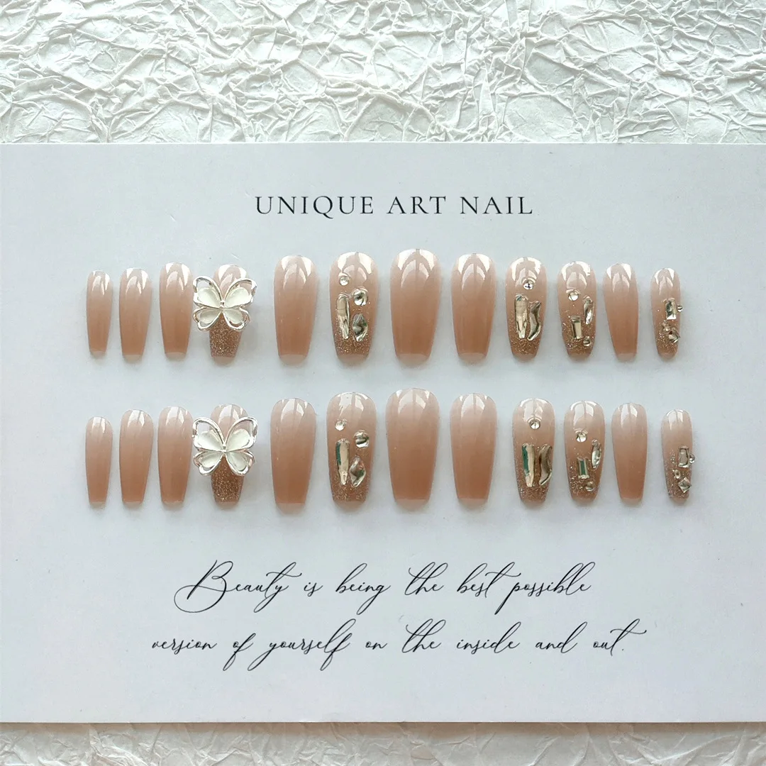 지아나 크리스탈 글리터 인조 손톱 나비 그라데이션 탈부착 가능 중간 길이 가짜 손톱 24개/세트 여성용