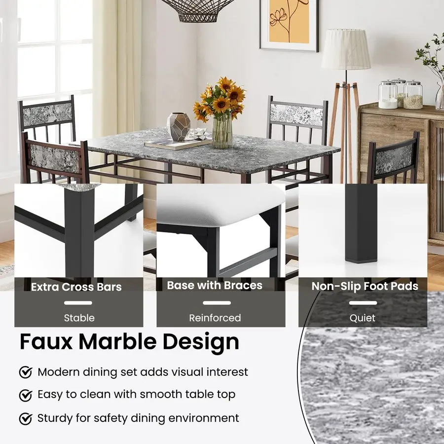 5 Piece Dining Table Set for 4, Faux Marble Kitchen Table and Chairs Set of 4, Vintage Rectangular Dining Room Table with Cushio