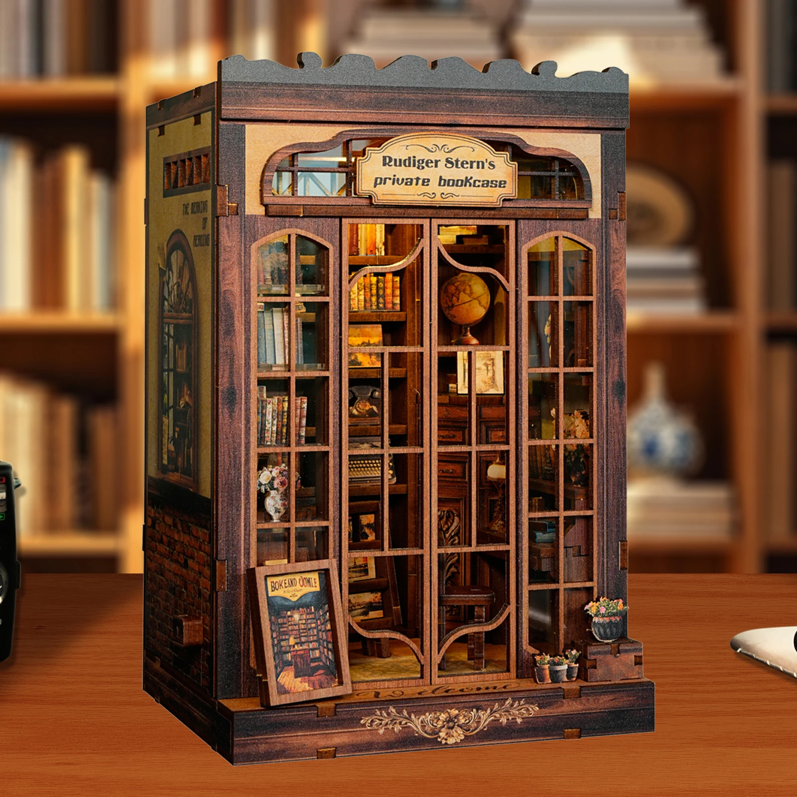 DIY Wooden Rudiger Stern's Private Bookcase Book Nook Shelf Insert Kit Miniature Model Kits Bookend for Friends Birthday Gifts