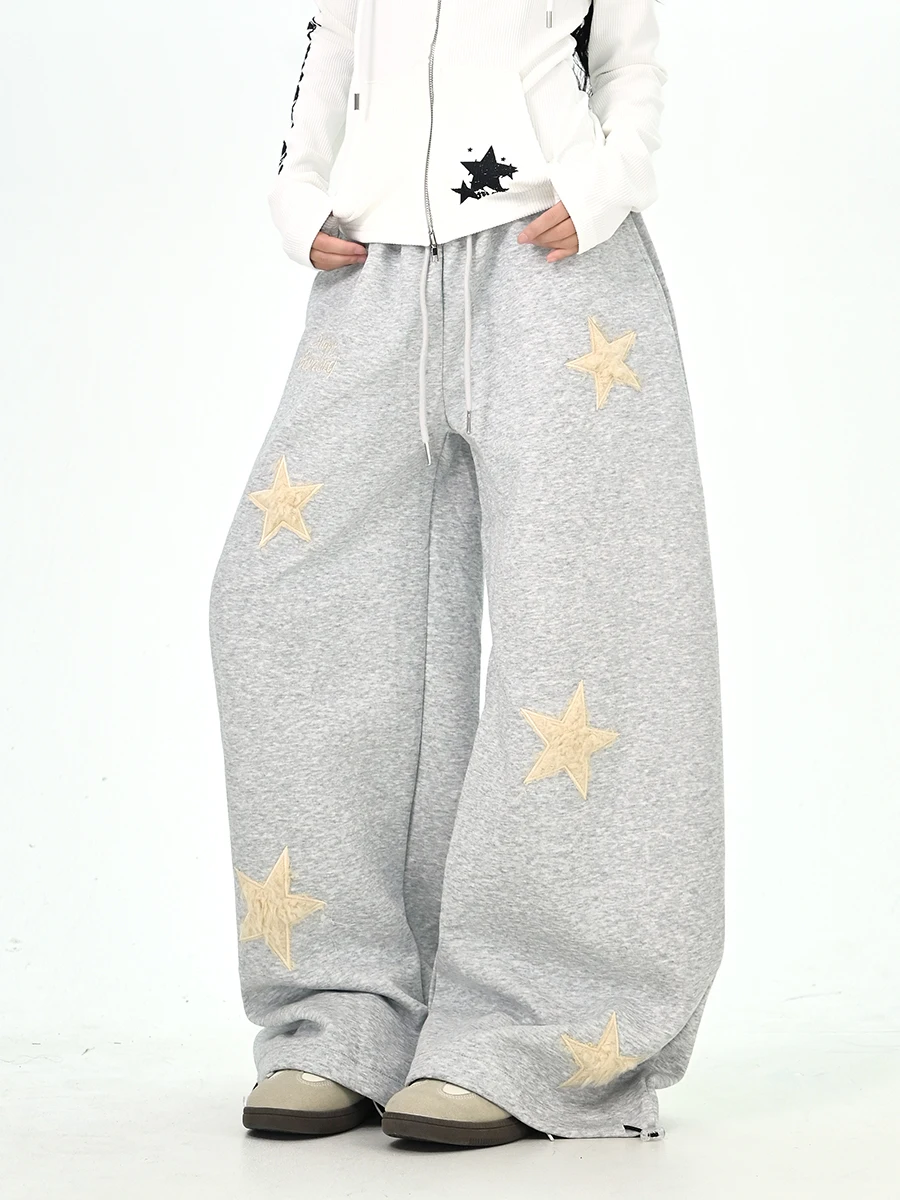 

Свободные широкие повседневные брюки в стиле ретро со звездами в стиле пэчворк для пар, удобные молодежные брюки с эластичной резинкой на талии из полиэфирного волокна