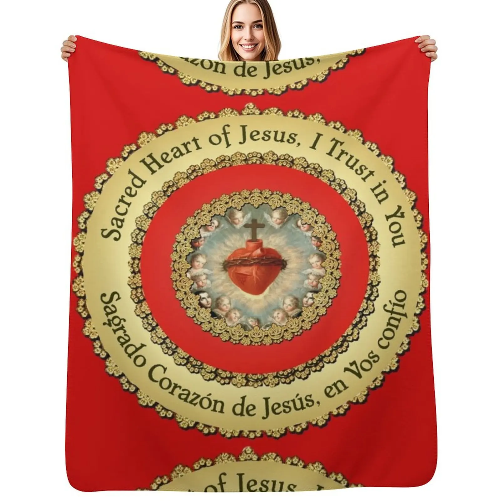 Manta Grande Bilingüe del Sagrado Corazón de Jesús, Oración Católica, 210 cm