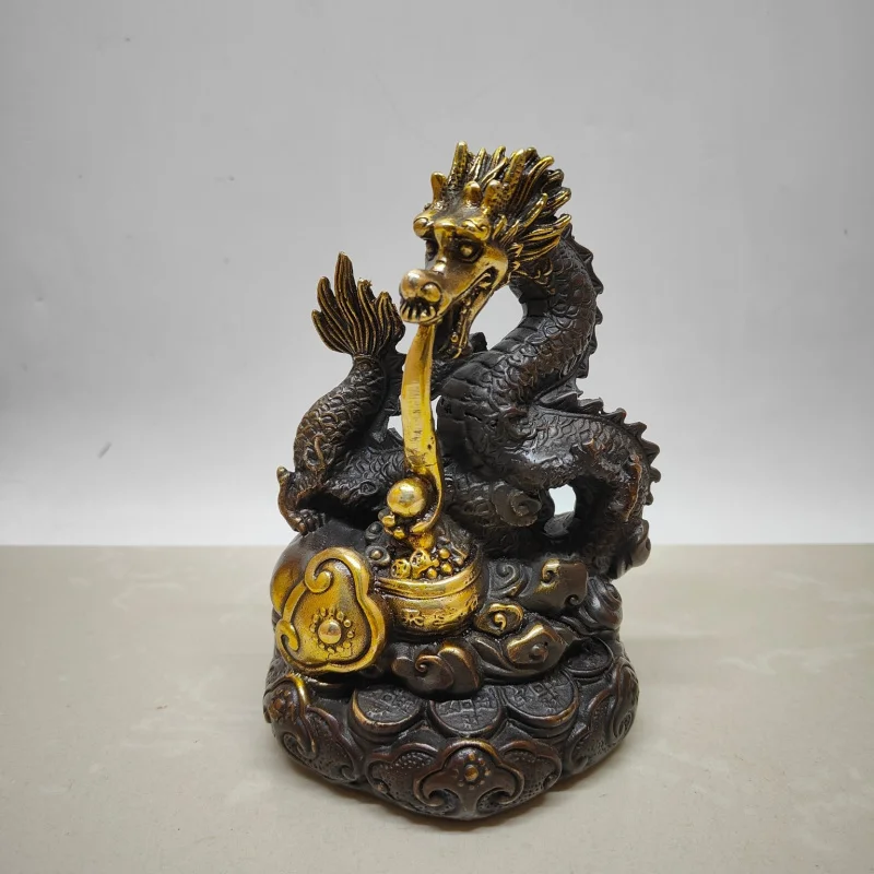 Antique Treasure Basin Ruyi Ornament, Brass and Copper Gilt Zodiac Dragon Decorative Craft