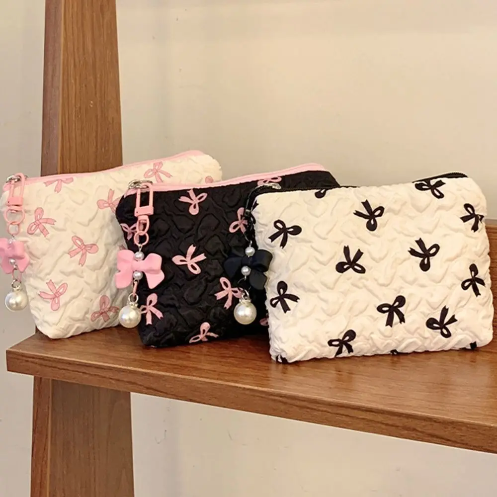 Bolsa de maquiagem portátil com laço pequeno, bolsa de maquiagem de algodão para mulheres, bolsa cosmética de viagem acolchoada, organizador de maquiagem para meninas