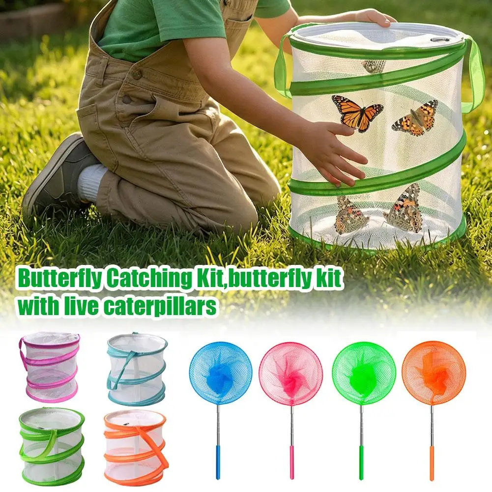 Kids Butterfly Catching Kit Foldable Mesh Insect Habitat Cage  Extendable Bug Catching Net Educational Outdoor Exploration Toy