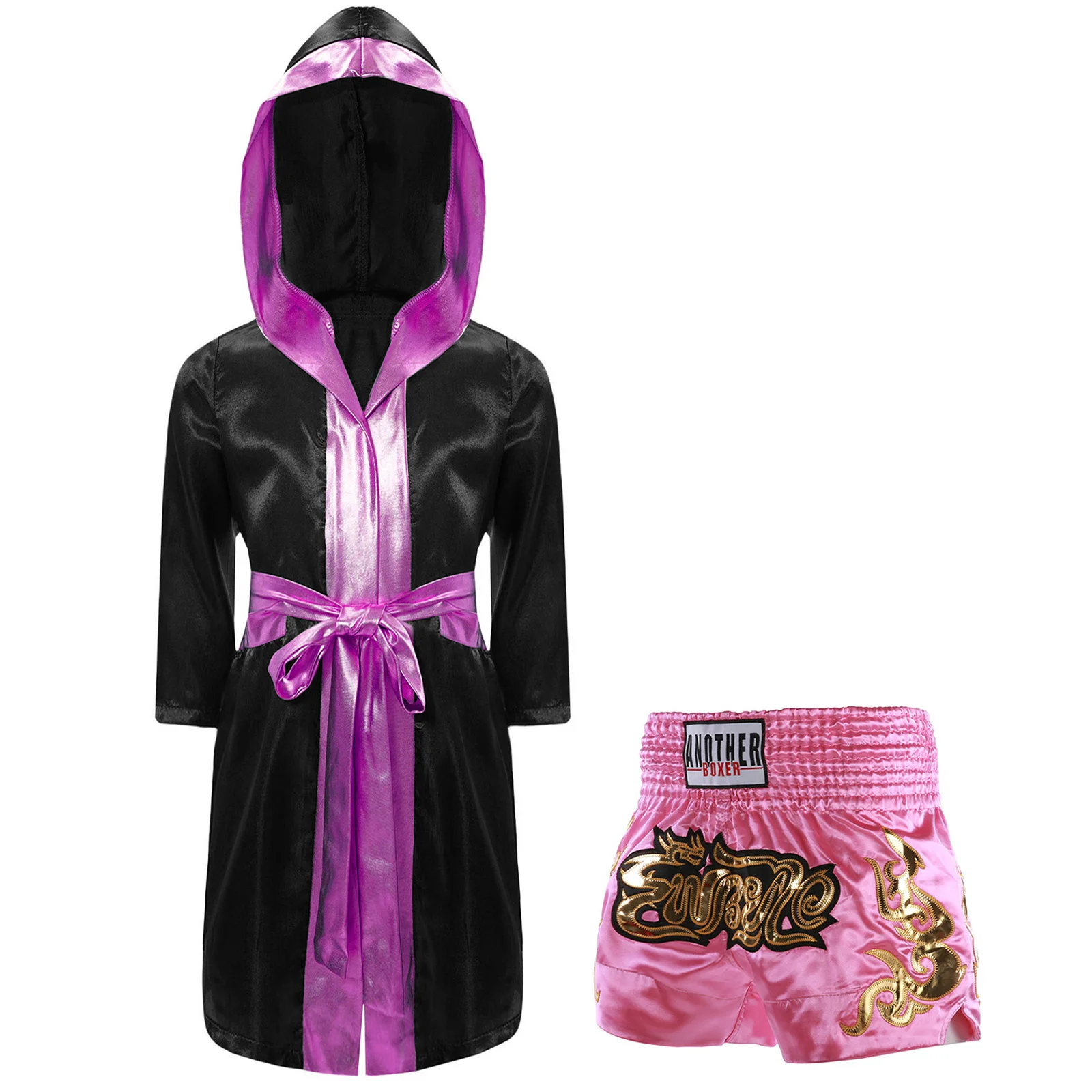 Kids Boys Boxing Robes Muay Thai Clothes Bjj Outfit Metallic Trim Satin Belted Hooded Cloak with Shorts Martial Arts Sanda Tops