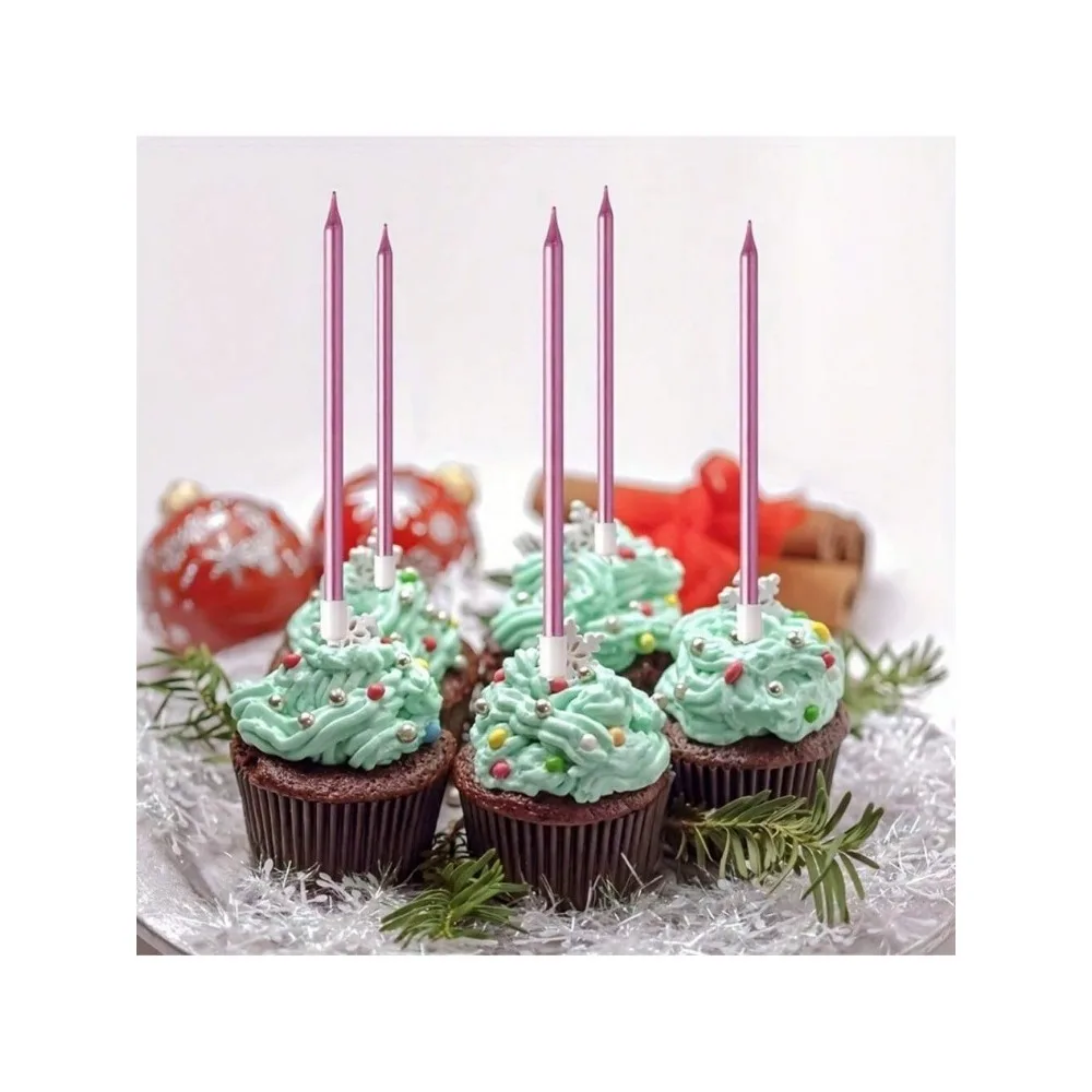 6 Pieces Metallic Candle Long Green Candle Birthday Candles with Holder Cake Candles for Wedding Birthday Party Decoration