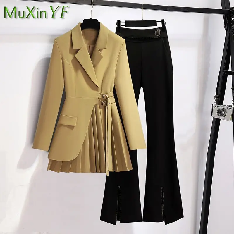 Women\'s Autumn Winter Temperament Midi Suit Coat+Split Micro Flare Pants Two-piece Korean Elegant Fashion New Casual Blazers Set