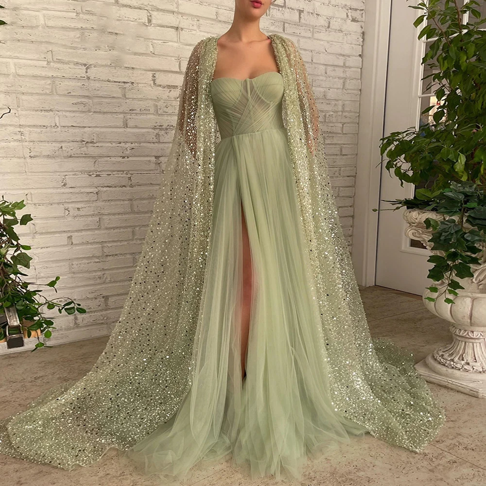 

Fancy Green A-Line Prom Dresses for Women Tulle with Glitter Sequin Lace Cape Sweetheart High Slit Formal Evening Party Dresses