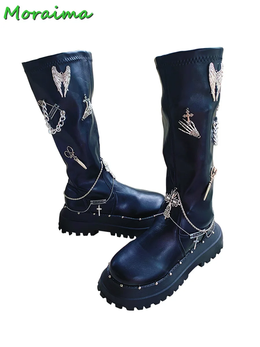 Chain Metal Decor Knee High Boots Round Toe Thick Bottom Side Zipper Leather Black Solid WInter Cool Women Shoes Fashion 2023