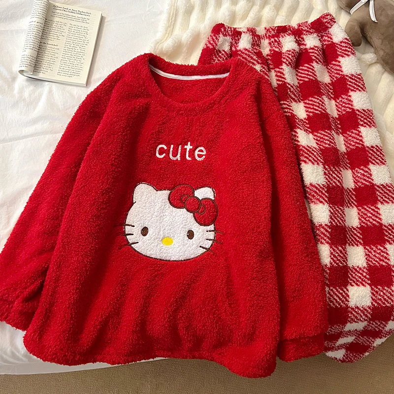 

Can Hello Kitty pajamas half fleece long-sleeved coral fleece pajamas winter thickened warm flannel women's pajamas loungewear