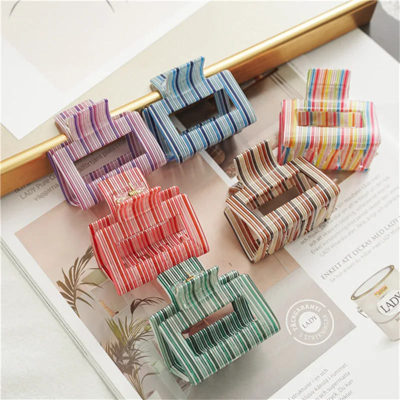 Spring New Square High Quality Chromatic Stripe Acetate Hair Claw Clip Mini Barrettes Women Girls Sweet Acrylic Hair Accessories