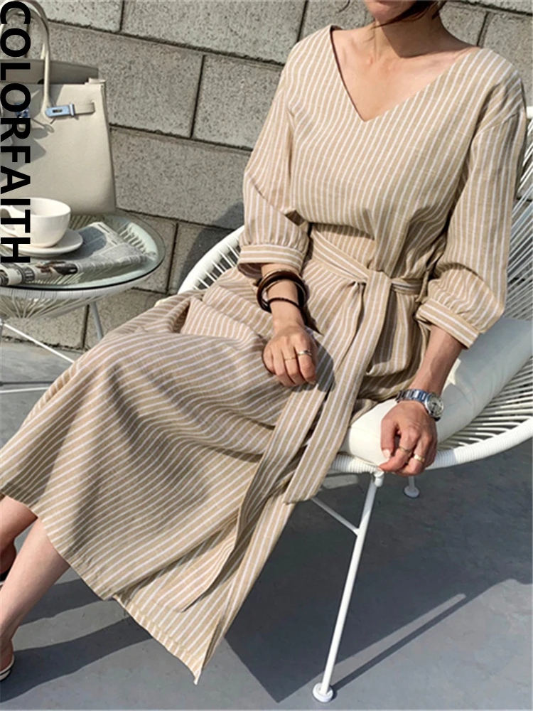 Colorfaith DR1125 New 2023 Lace Up Striped Half Sleeve Korean Fashion Elegant Lady Oversized Women\'s Spring Summer Long Dresses