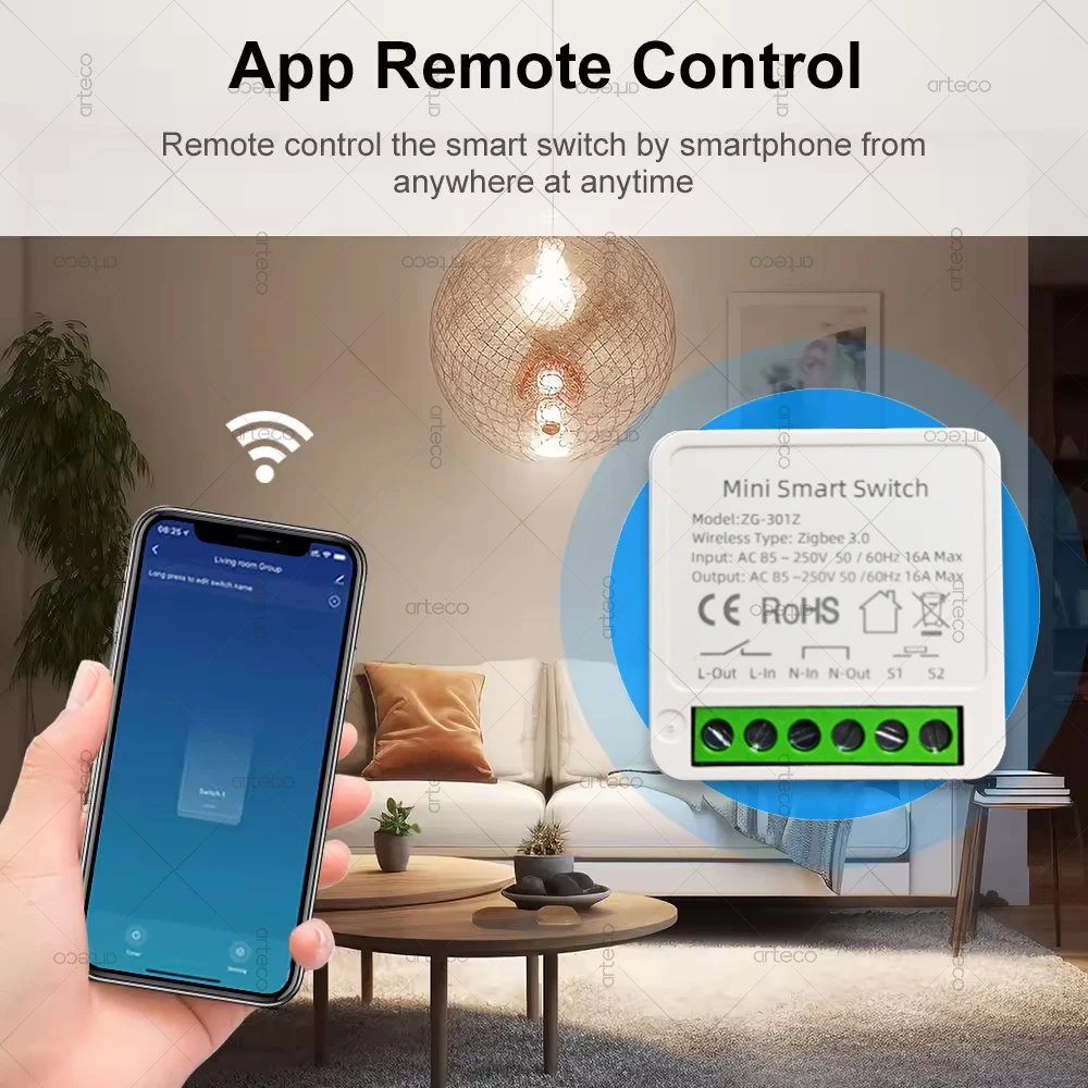 Tuya ZigBee 3.0 Lichtschakelaarmodule 16A MiNi DIY Breaker Ondersteunt 2-wegbediening Smart Life App Afstandsbediening voor Alexa Google