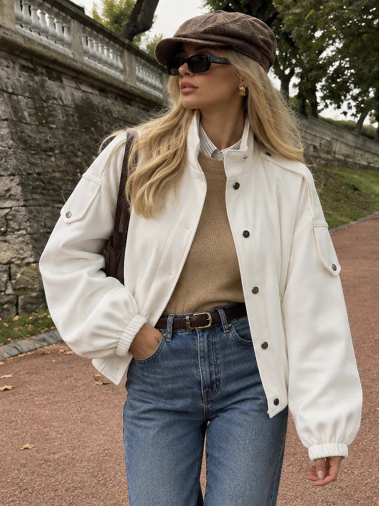 HH Women's Utility Jacket Fall 2026 Stand Collar Snap Button Cargo Pocket Loose Fit Lightweight Casual Streetwear Daily Outerwea