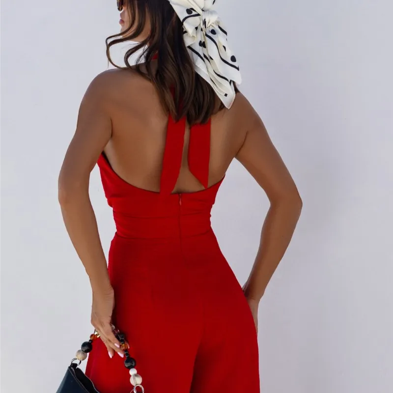 Sexy Solid Sleeveless Jumpsuit Spring Summer Fashion Commuter Women's Elegant Lapel Halter Neck Folds Wide Leg Trousers Jumpsuit