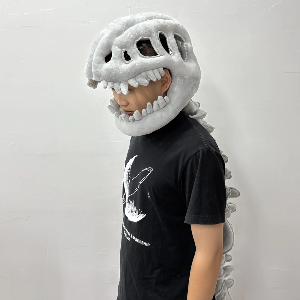 Funny Dinosaur Skeleton Hood Mask Cosplay Animal Dragon Skull Plush Helmet Halloween Carnival Dress Up Party Costumes Props
