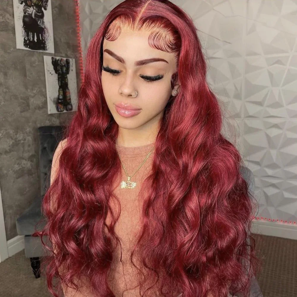 99j بورجوندي الجسم موجة باروكة من شعر طبيعي 13x6 HD الدانتيل الشفاف أمامي باروكة من شعر طبيعي 99j قبل قطعها الدانتيل الباروكات لمدة 46 بوصة #1