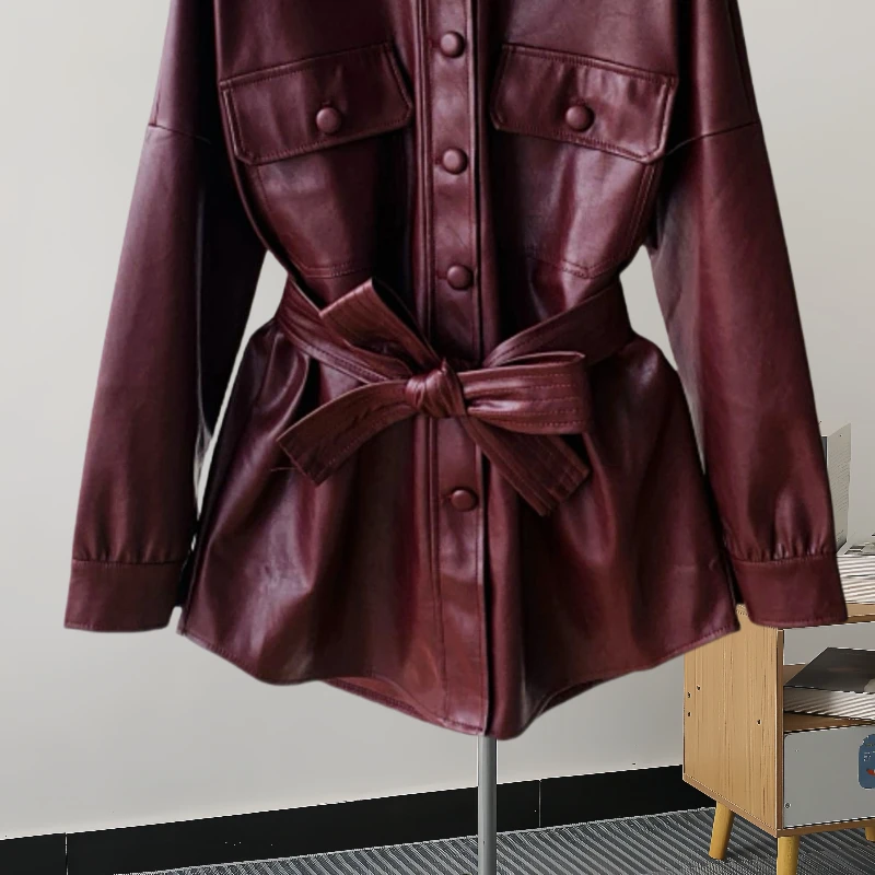 Mid-length Women Faux PU Leather Jacket With Belt Black Wine Red Casual Lapel Single-breasted Long Sleeve Fake Leather Jacket