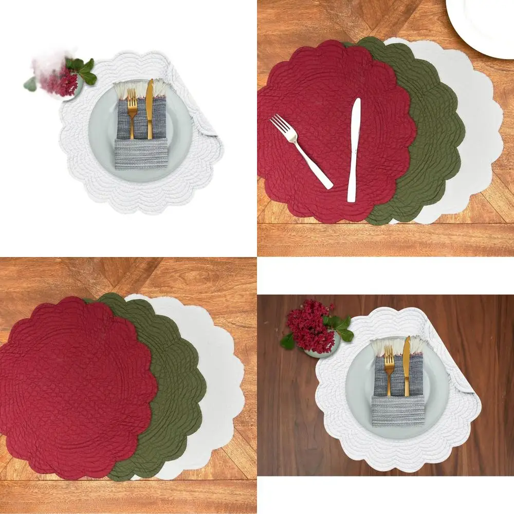 

Round 100% Cotton Quilted Placemat Set of 6, 17, Scalloped Edge, Machine Washable, All Seasons Home Kitchen Dining Table Decor