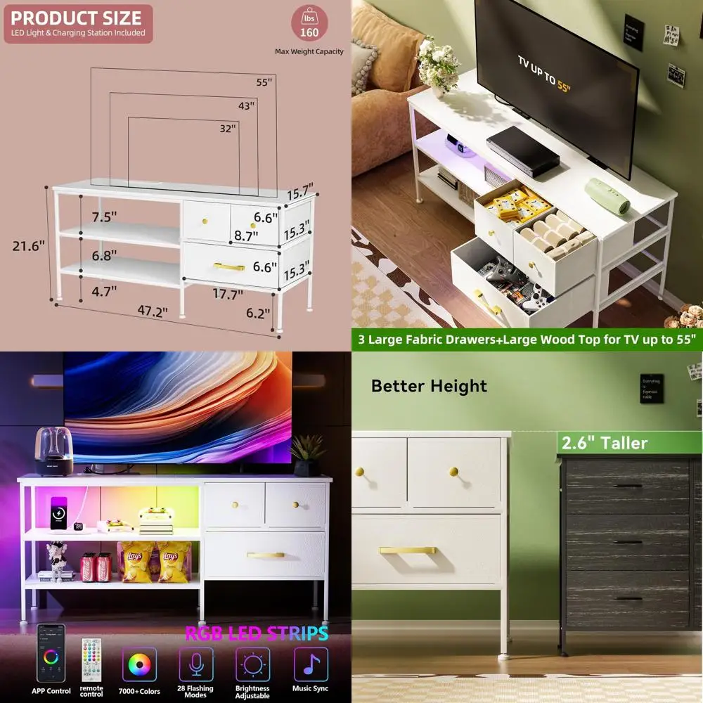

LED-Lit 55 TV Stand with Power Outlet, 3-Drawer Entertainment Center, White Mid-Century TV Console for Living Room