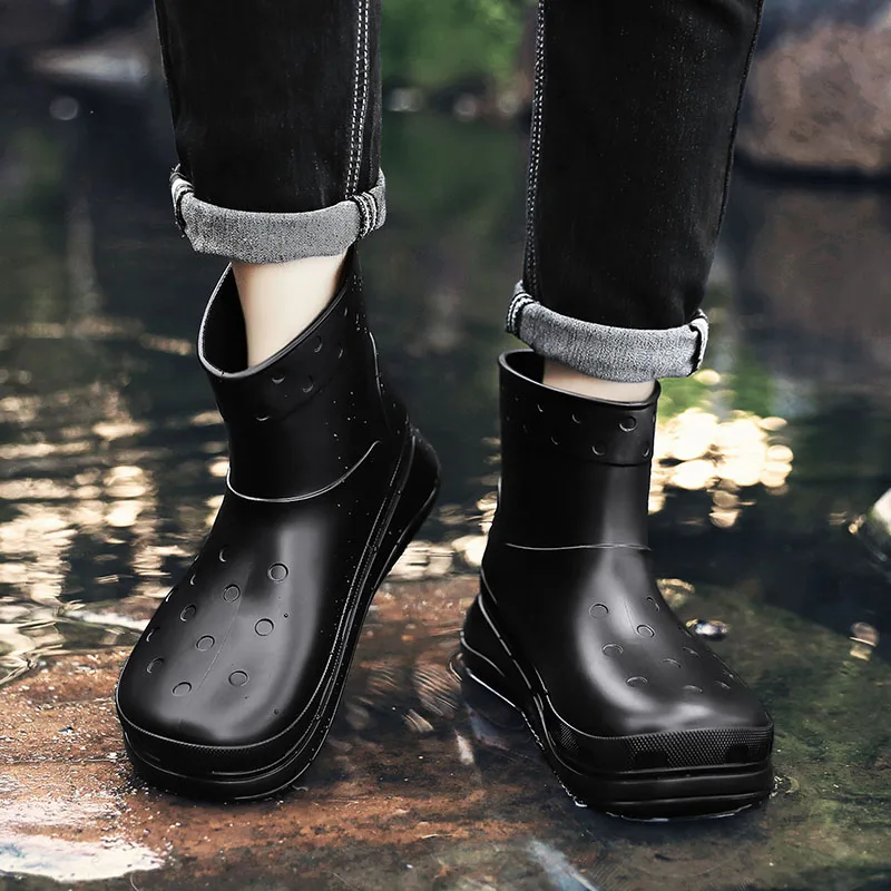 STRONGSHEN Men Rain Boots Fashion Platform Waterproof Anti-skid Work Chef Shoes Men Slip-on Light Fishing Shoes Male Sneakers