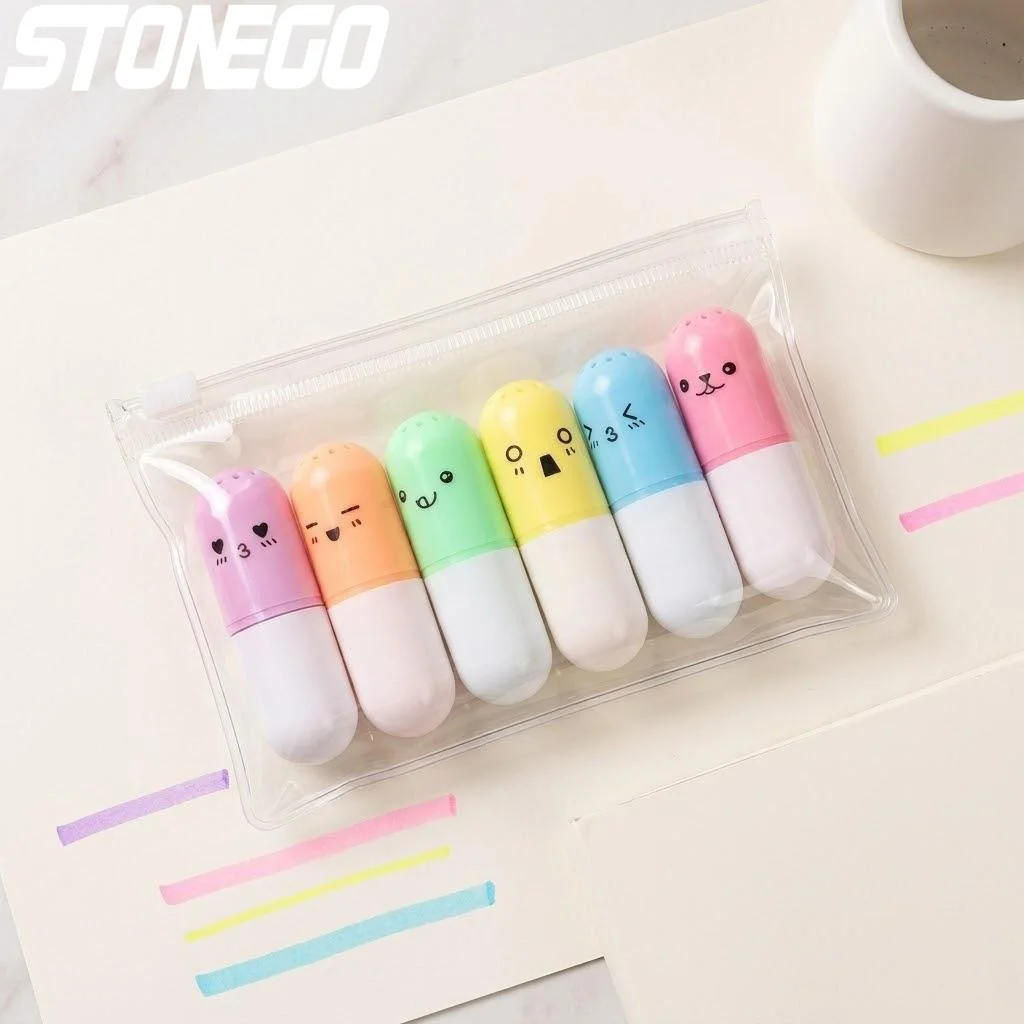

Cute Pill Shape Mini Highlighter Marker Drawing Colorful Pen School Office Student Stationery 6Pcs Set