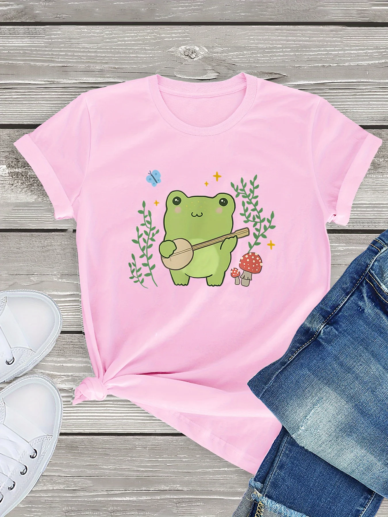 Cartoon Frog Print Crew Neck T-Shirt, Casual Short Sleeve T-Shirt For Spring & Summer, Women's Clothing