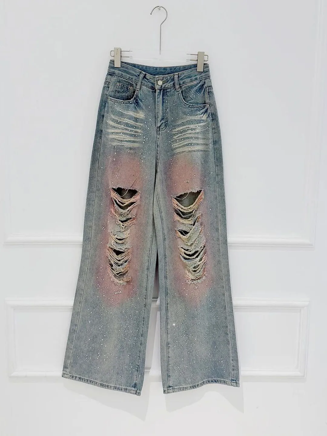 American Style High Waist Wide Leg Jeans Women Summer Slim Straight Long Pants Distressed Rhinestone Faded Blue Denim Jeans