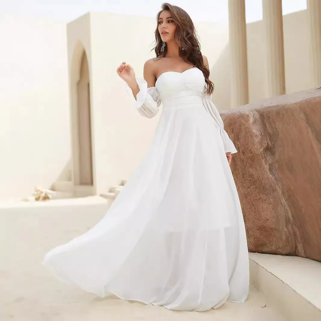 Elegant A-Line Wedding Gown Strapless Chiffon Ruffles Long Sleeves Sweep Train for Beach Wedding Guest Gown 2025 Free Customized