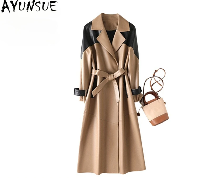 AYUNSUE 진짜 양피 정품 가죽 자켓 여성 2025 여성을위한 긴 트렌치 코트 자켓 가을 옷 새로운 Jaqueta De Couro