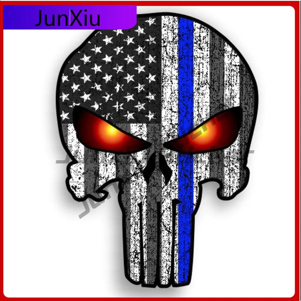 

Thin Blue Line Skull With American Flag And Glowing Eyes Sticker Outdoor Waterproofing Police Support Decal For Car Camper Windo