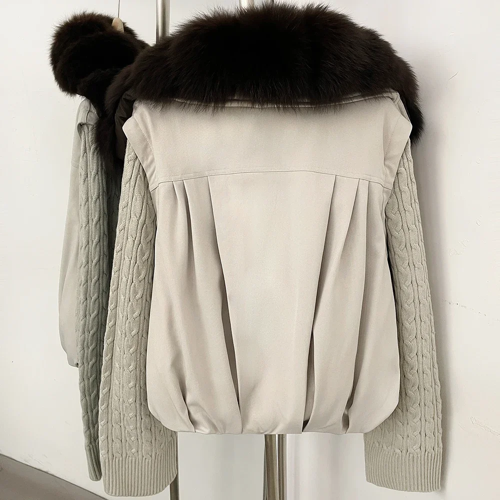 OFTBUY Cable Knit Sleeve Zipper Drawstring Hem Cropped Coat 90 White Duck Down Jacket Women Cozy Warm Winter Real Fox Fur Collar
